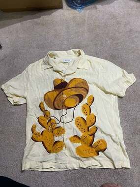 Sandro Men's Yellow Flowing Sombrero Cactus Graphic Print Short Sleeve Camp Shir